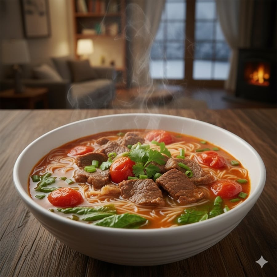 Bát bún gạo cà chua thịt bò nóng hổi, dễ ăn, nhẹ bụng – lựa chọn lý tưởng cho bữa sáng mùa đông.