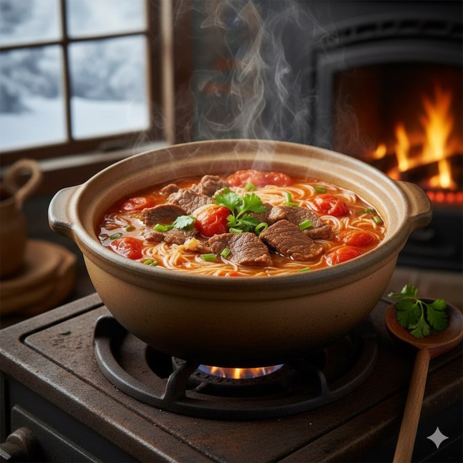 Nồi bún gạo cà chua nấu thịt ức bò thơm nóng, nước dùng trong, vị ngọt tự nhiên – món ăn sáng quen thuộc cho ngày đông lạnh.