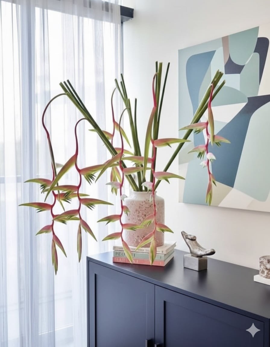 Góc chụp ảnh Tết với hoa chuối pháo hồng, dáng hoa rủ mềm mại, kết hợp áo dài tạo cảm giác thanh lịch và hiện đại.