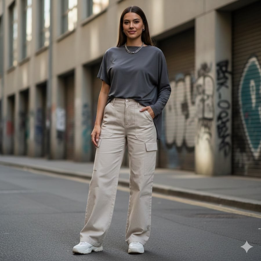 Áo xám giúp quần sáng màu trông trẻ trung theo cách hiện đại, không hề đơn điệu.