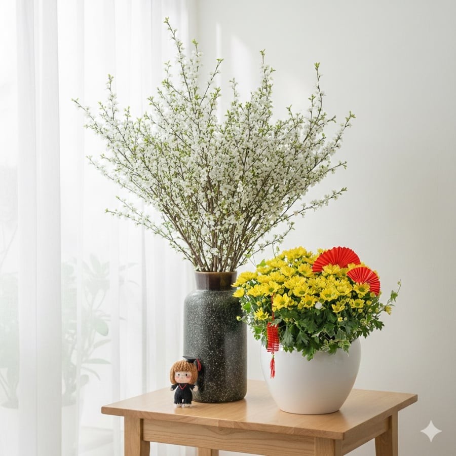 Chỉ cần một bình hoa đúng mùa, không gian Tết đã đủ đầy sắc xuân và cảm giác ấm áp.