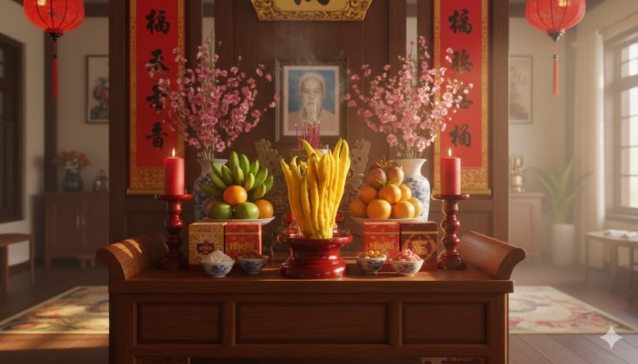 Bày Phật thủ trên bàn thờ thể hiện mong cầu bình an, tài lộc và sự đủ đầy cho năm mới.
