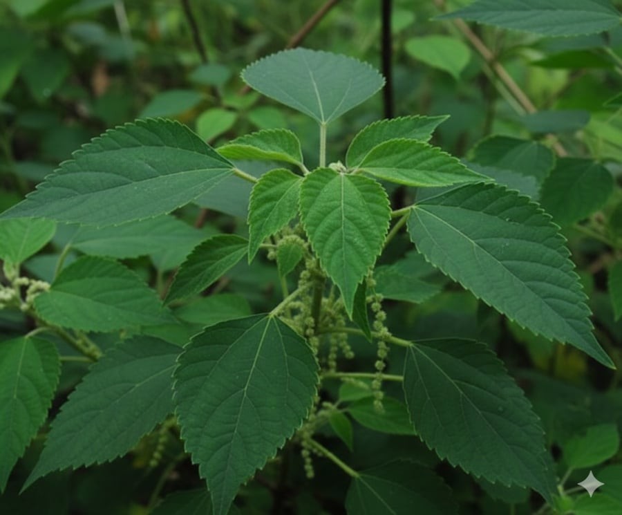 Lá gai tươi có hình dáng đặc trưng và chứa nhiều dưỡng chất, là nguyên liệu chính để làm bánh gai và bánh ít lá gai nổi tiếng.
