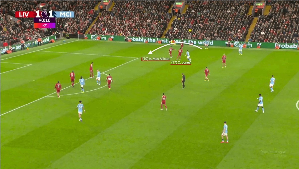 Mac Allister và Curtis Jones mắc lỗi thiếu tập trung để Matheus Nunes thoải mái xâm nhập vòng cấm.