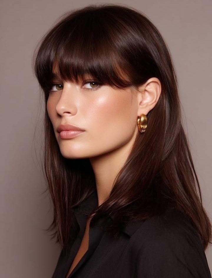 Tóc mái bằng dày (bold bang) lấy phần mái sâu từ đỉnh đầu, đường cắt ngang rõ ràng, gọn gàng và có thể uốn cong nhẹ theo trán.