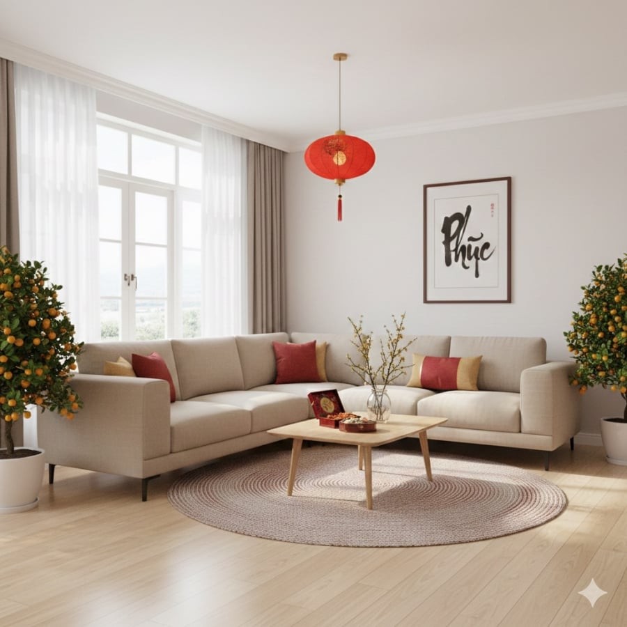 Phòng khách thông thoáng, bố cục đơn giản giúp không gian sinh hoạt ngày Tết dễ chịu và nhẹ nhàng hơn.