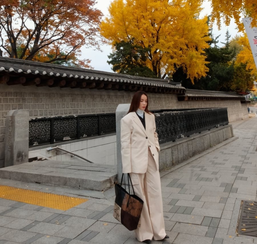 Các gam màu như trắng, be, xanh pastel hay hồng phấn giúp gương mặt trông rạng rỡ hơn và làm dịu đi sự cứng cáp vốn có của blazer. 