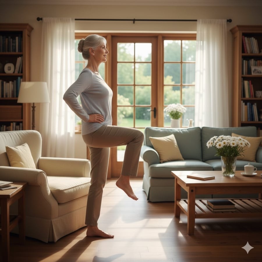 Khả năng nâng gối và nhón gót trong 60 giây cho thấy rõ sự linh hoạt, thăng bằng và sức bền của cơ thể khi lớn tuổi.