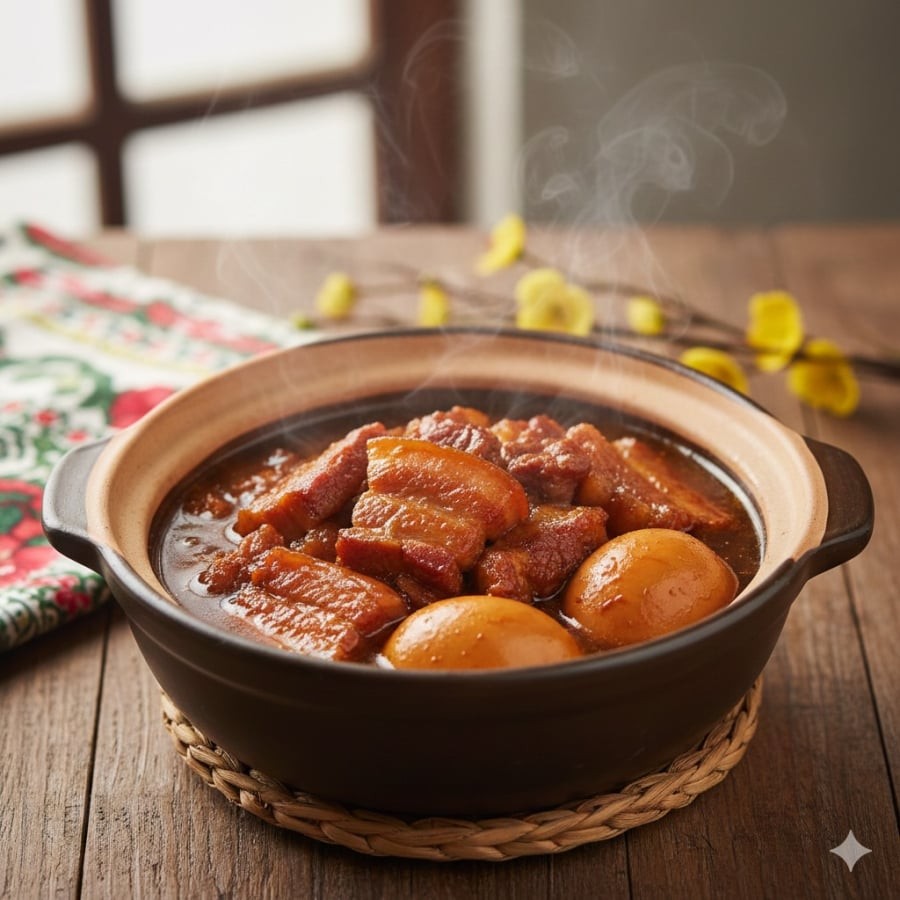 Thịt kho trứng – món ăn quen thuộc trong mâm cơm Tết, tượng trưng cho sự đủ đầy và viên mãn.