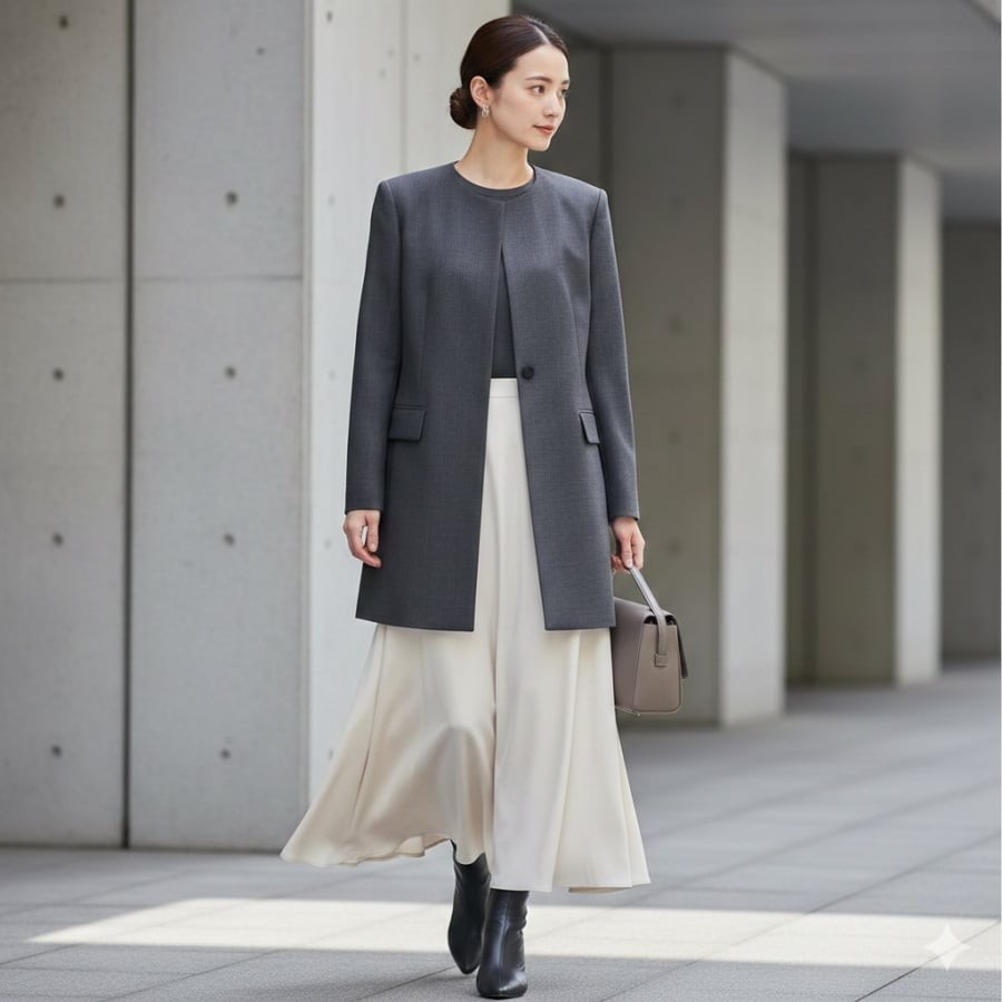 Chân váy suông đi cùng áo khoác phom đứng giúp vóc dáng trông cao và thanh thoát hơn.