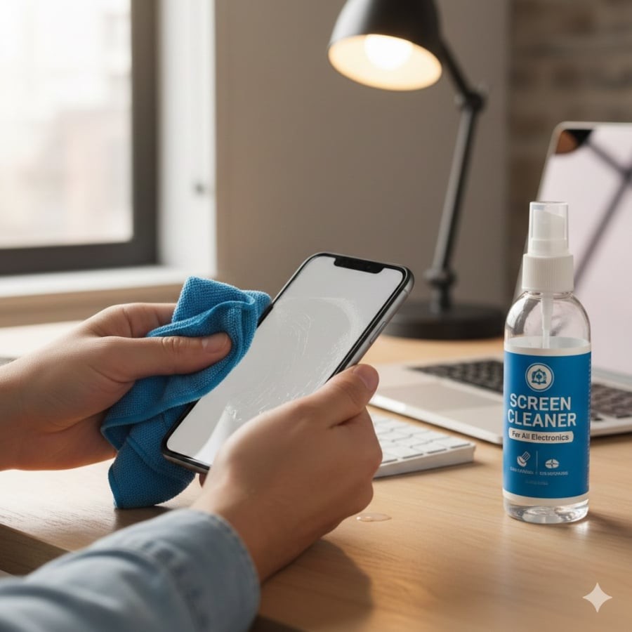 Vệ sinh điện thoại đúng cách bằng khăn microfiber và dung dịch chuyên dụng giúp bảo vệ lớp phủ màn hình.