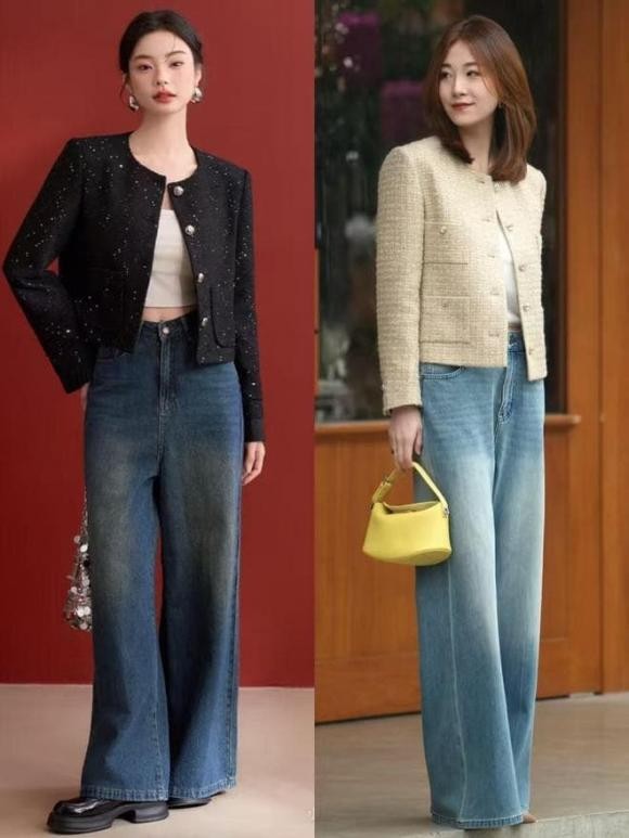 Sự kết hợp giữa áo khoác ngắn và quần ống rộng mang lại hiệu quả thị giác rõ rệt trong việc cải thiện tỷ lệ vóc dáng.