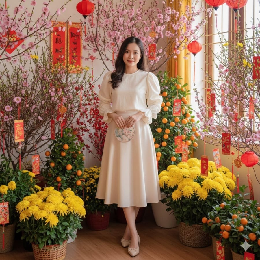 Áo cách điệu phối chân váy dài – công thức thanh lịch, nhẹ nhàng khi đi chúc Tết.