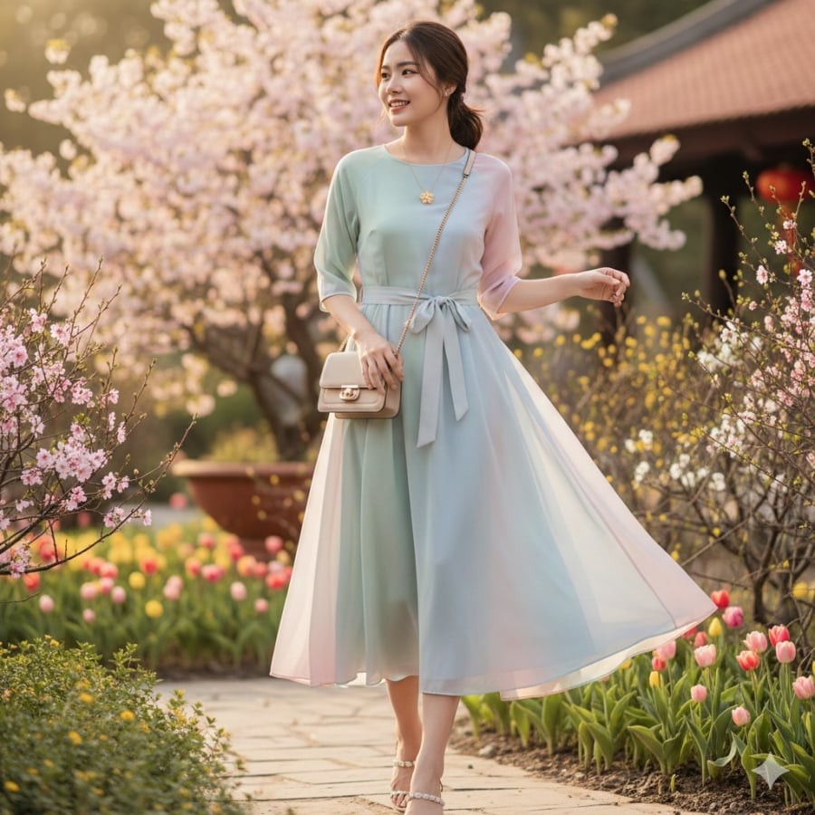 Váy pastel dịu nhẹ – mang tinh thần tươi tắn, nhã nhặn cho diện mạo ngày xuân.