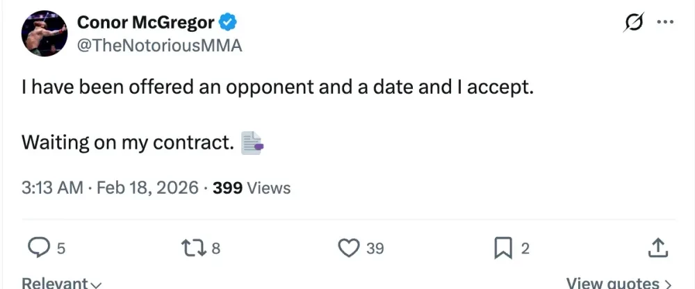 Dòng tweet đã bị xóa của Conor McGregor thông báo về việc anh đã chấp nhận lời đề nghị thi đấu.