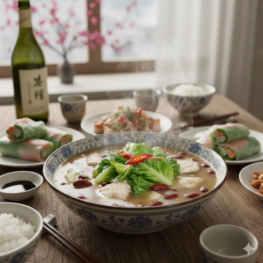 Canh cá chép đậu đỏ thanh nhẹ, phù hợp bữa cơm mùa xuân ẩm ướt.