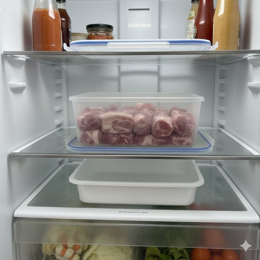 Rã đông trong ngăn mát giúp thịt giữ được độ mềm, hạn chế thất thoát nước khi chế biến.