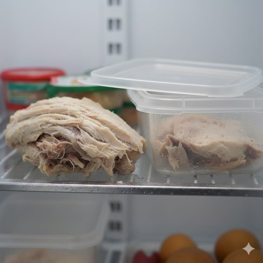 Thịt gà luộc xuất hiện mùi lạ, nhớt hoặc đổi màu là dấu hiệu nên bỏ ngay.