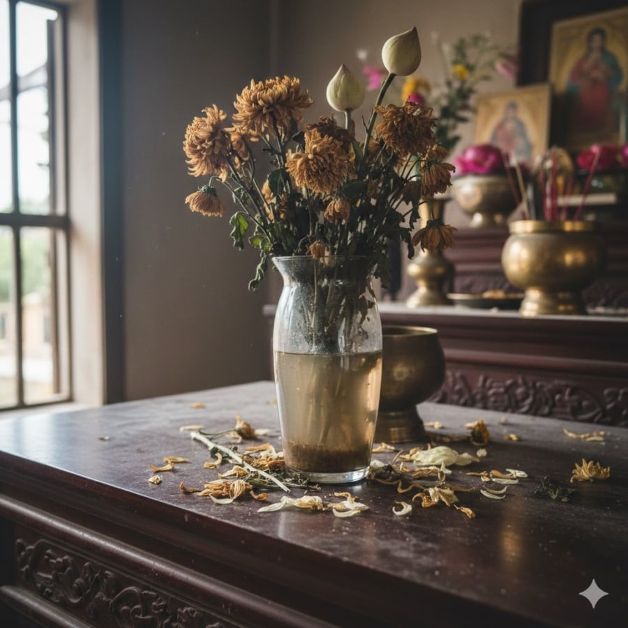 Hoa héo úa, nước đục là dấu hiệu cần thay ngay để tránh ảnh hưởng thẩm mỹ và không gian thờ cúng.