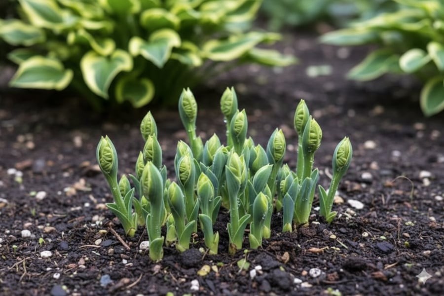 Chồi hosta nhú lên vào đầu xuân, thời điểm lý tưởng để cây bén rễ và phát triển tán lá xanh mướt.