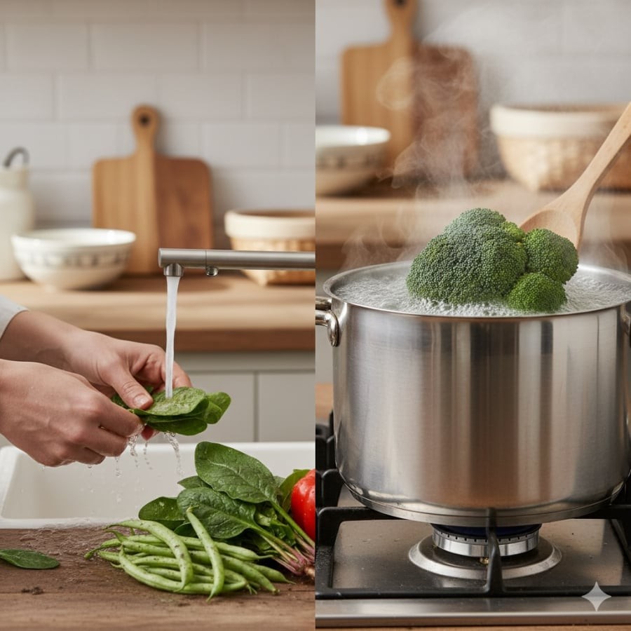 Rửa dưới vòi nước chảy và chần nhanh qua nước sôi là hai bước giúp giảm nguy cơ tồn dư hóa chất trong rau.