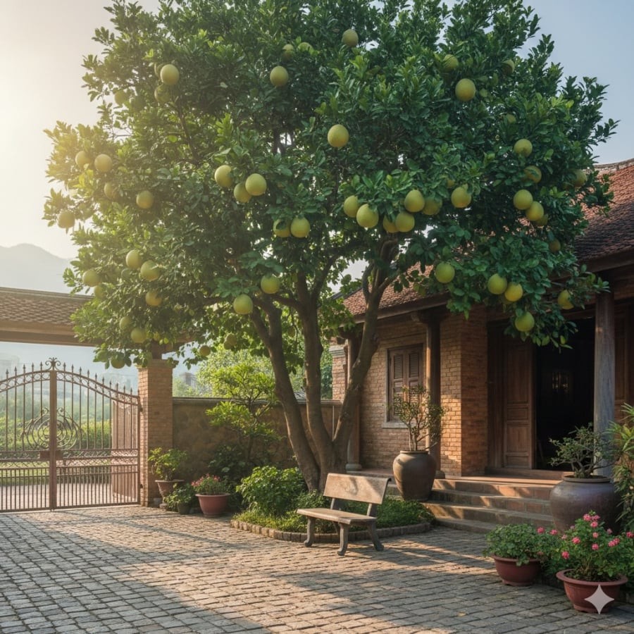 Cây bưởi trồng trước cửa nhà vừa tạo bóng mát, vừa tượng trưng cho sự đủ đầy, tài lộc.