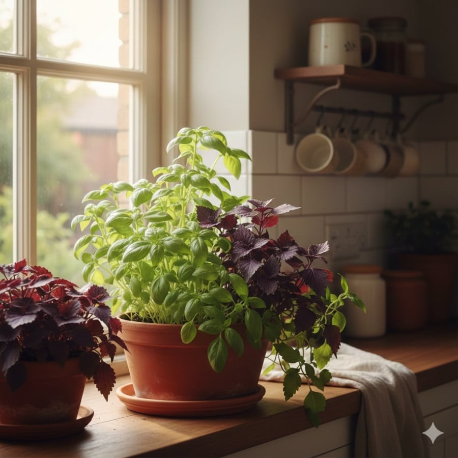 Trồng húng quế và tía tô trong nhà vừa tiện sử dụng hằng ngày, vừa giúp không gian bếp thêm xanh mát trong năm Bính Ngọ.