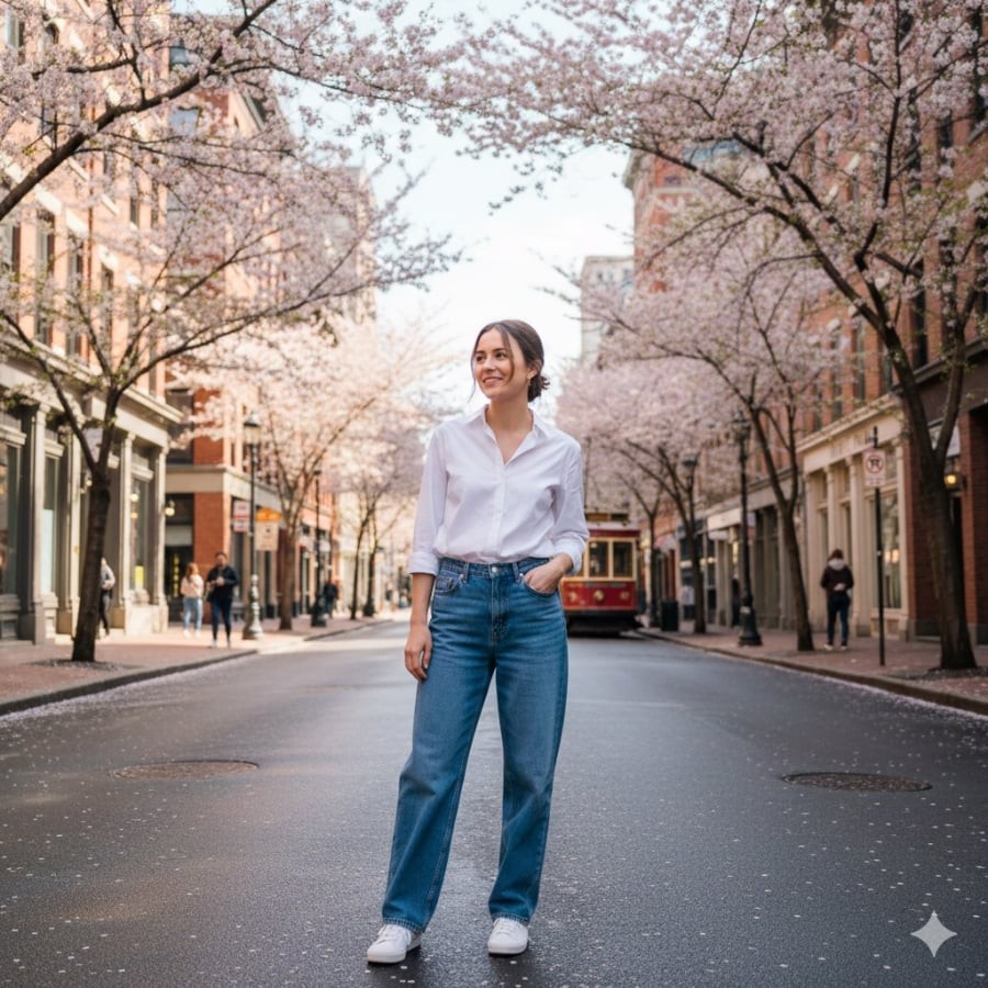 Combo áo trắng – jeans xanh trẻ trung, gọn gàng cho những buổi gặp mặt đầu năm.