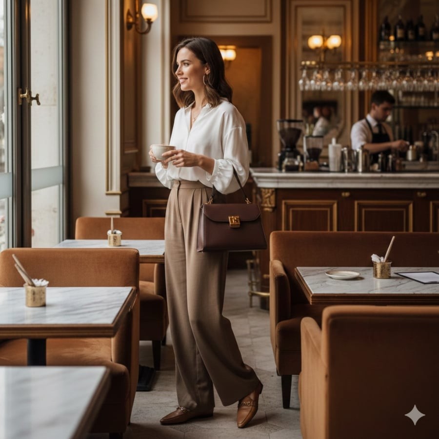 Quần màu nâu tạo chiều sâu cho trang phục, giúp tổng thể thêm ấm áp và thời thượng.