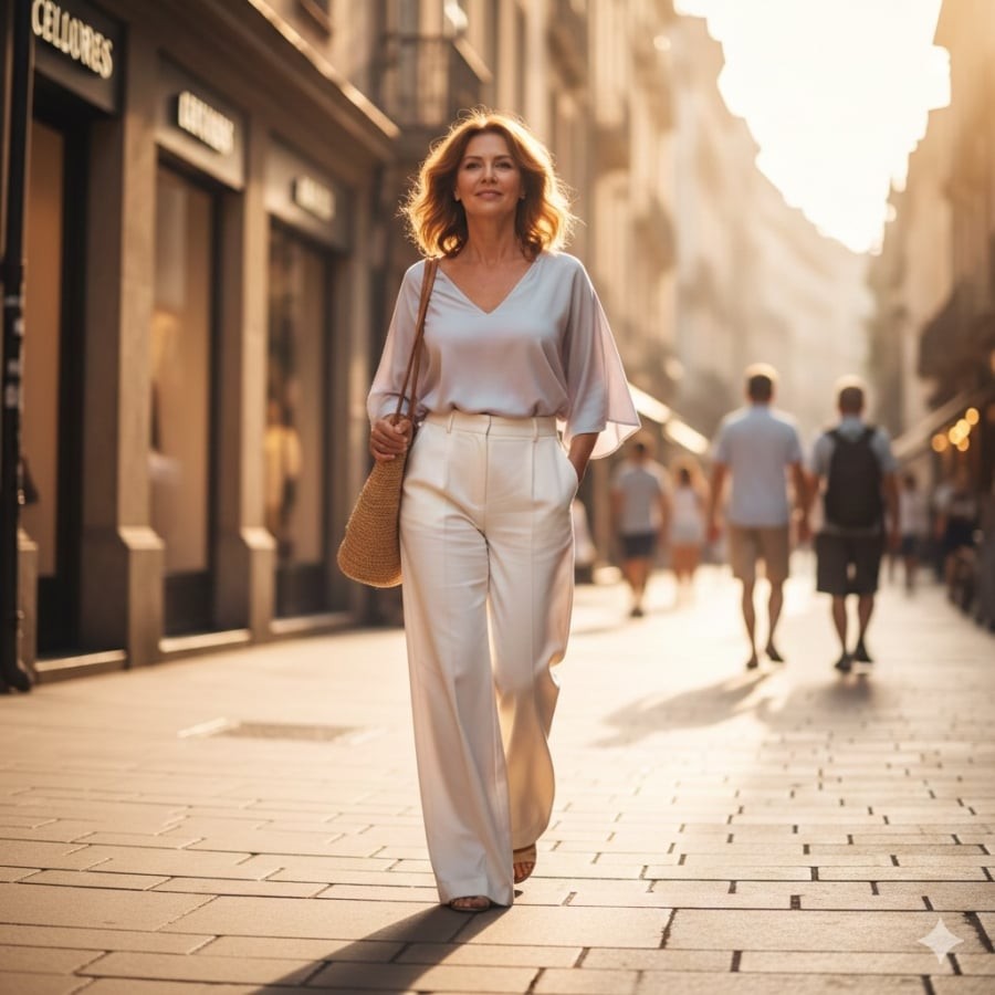 Quần trắng ống suông giúp vóc dáng thanh thoát và diện mạo sáng sủa hơn.