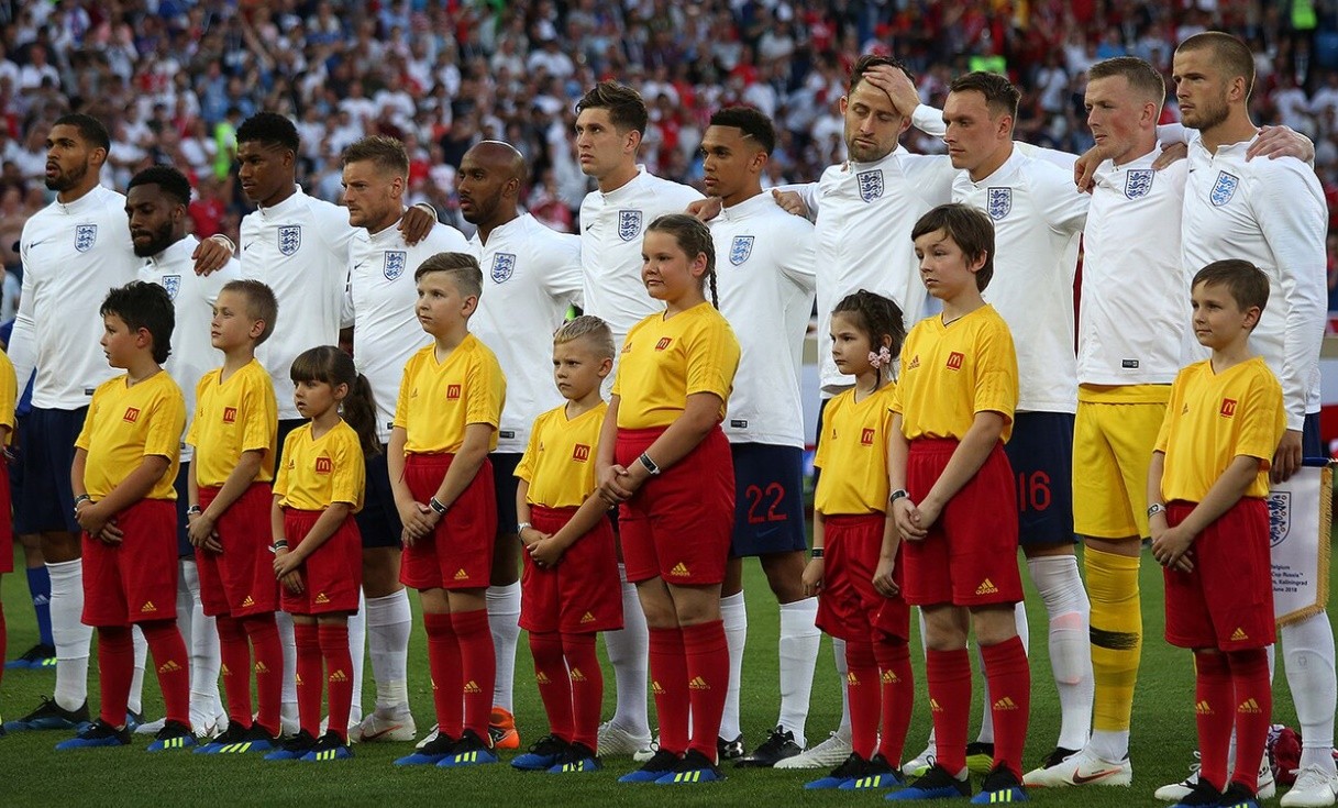 Đội hình tuyển Anh trước trận đấu cuối cùng của bảng G gặp Bỉ năm 2018.