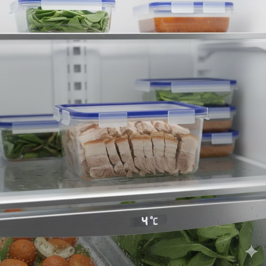 Bảo quản thịt luộc trong hộp kín, làm lạnh sớm dưới 5°C giúp hạn chế vi khuẩn phát triển và giữ an toàn khi sử dụng lại.