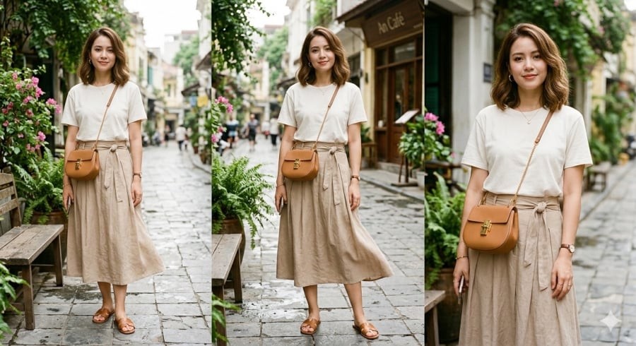 Chân váy dài giúp tổng thể mềm mại mà vẫn kín đáo trong thời tiết giao mùa.