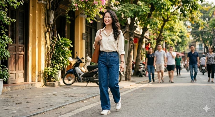 Jeans dáng suông giúp tôn dáng và dễ phối trong nhiều hoàn cảnh.