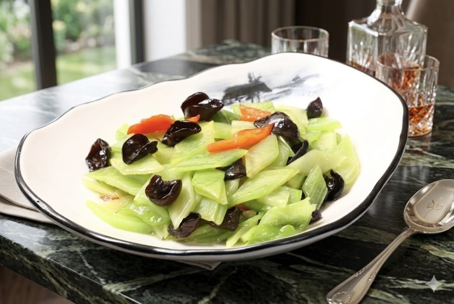 Rau mầm đá xào mộc nhĩ giàu chất xơ, giúp bữa cơm sau Tết thêm cân bằng.