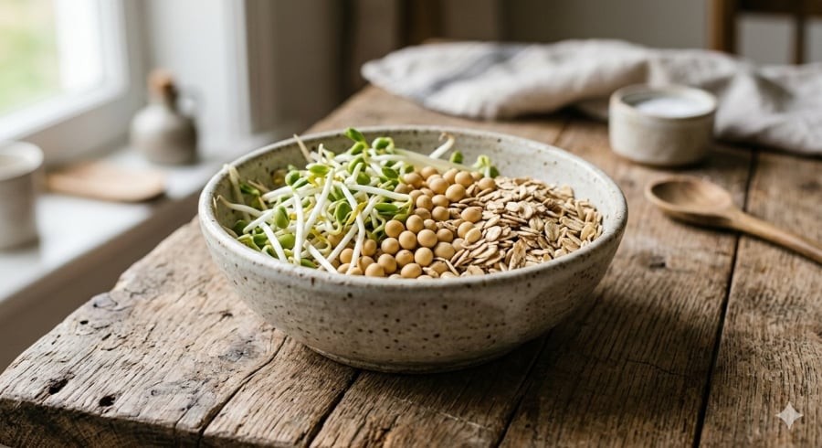 Giá đỗ và các loại đậu giàu chất xơ, vitamin, góp phần hỗ trợ tim mạch và chuyển hóa.