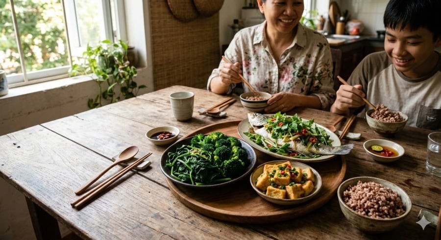 Rau xanh, cá và ngũ cốc nguyên hạt là nền tảng của chế độ ăn hỗ trợ sống khỏe, sống thọ.