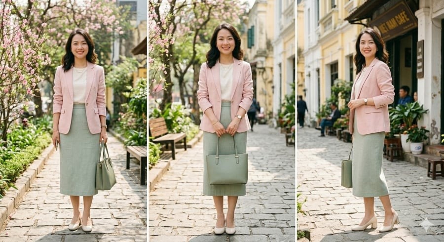 Hồng pastel và xanh rêu nhạt là lựa chọn an toàn để vừa nổi bật vừa giữ được sự tinh tế nơi công sở.