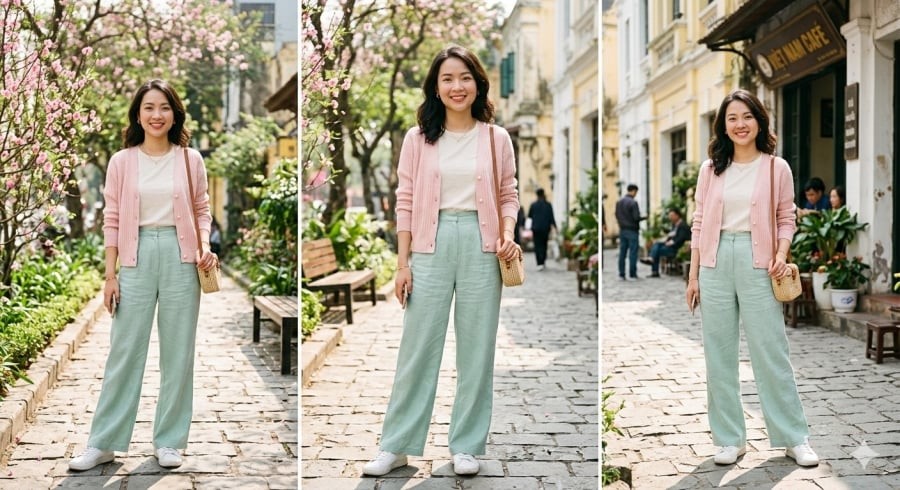 Bản phối “trên hồng, dưới xanh” giúp gương mặt tươi tắn và vóc dáng cân đối hơn trong những ngày giao mùa.