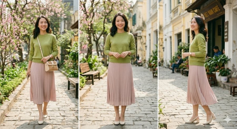 Sự kết hợp sắc độ dịu giúp tổng thể hài hòa, mang trọn không khí tươi mới của mùa xuân.