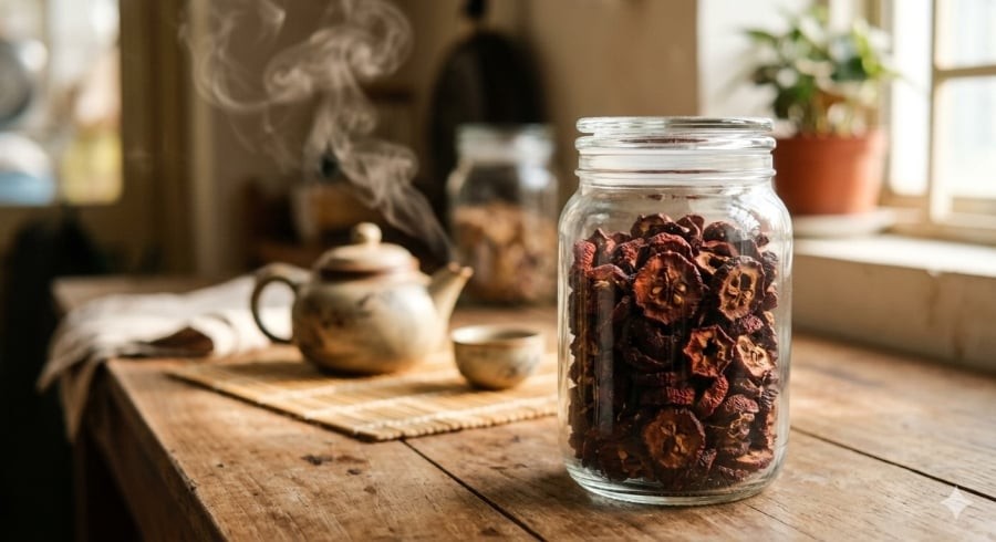 Táo gai khô tiện bảo quản, giàu chất chống oxy hóa, thường được hãm nước uống hỗ trợ tim mạch và tiêu hóa.