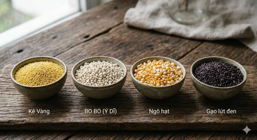 Kê, ý dĩ, ngô và gạo lứt đen – những loại “gạo trường thọ” quen thuộc, dễ tìm ở chợ Việt.