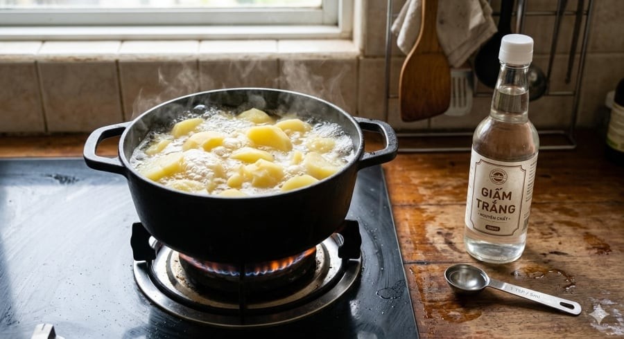 Thêm một thìa nhỏ giấm khi luộc giúp khoai chín bở đều, không sượng lõi.