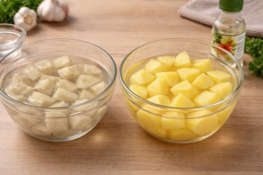 Ngâm khoai tây với chút giấm giúp hạn chế thâm đen và giữ màu vàng tươi tự nhiên.