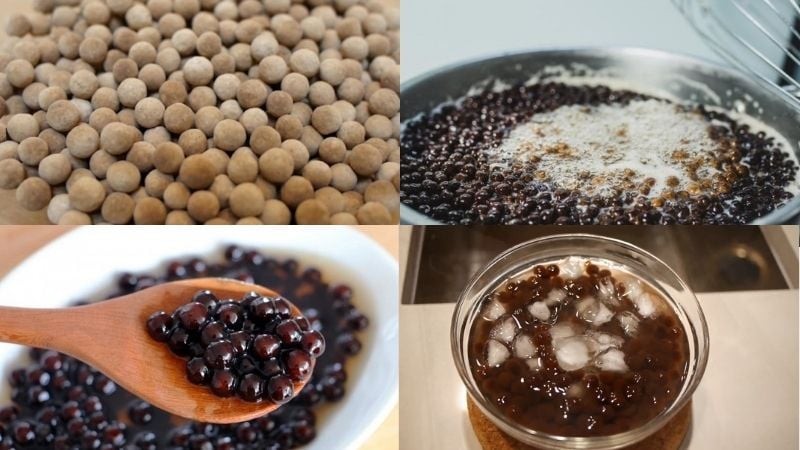 Luôc chân châu, sau khi luộc ngâm trân châu với nước đá lạnh để trân châu giữ được độ dẻo và dai