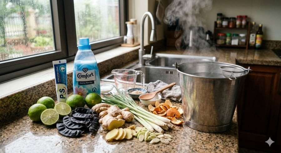 Những nguyên liệu quen thuộc được nhiều gia đình tận dụng để pha dung dịch lau nhà, giúp khử mùi ẩm và hạn chế nấm mốc mùa nồm.