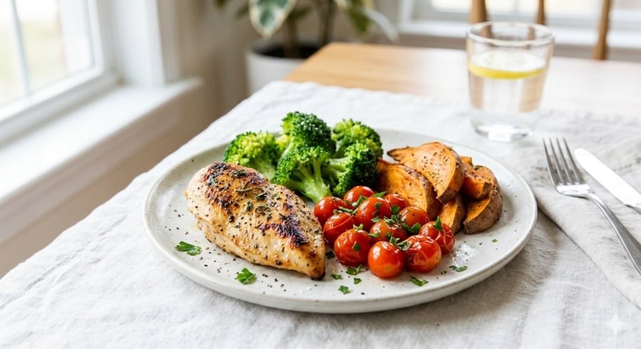 Ức gà bỏ da kết hợp rau xanh và tinh bột vừa phải giúp no lâu, hỗ trợ kiểm soát calo khi giảm cân.