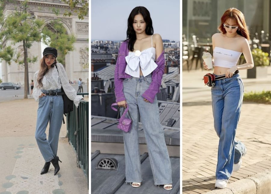Phom quần rộng vừa phải giúp tạo đường rơi thẳng từ hông xuống mắt cá chân, từ đó mang lại cảm giác đôi chân dài và thon hơn.