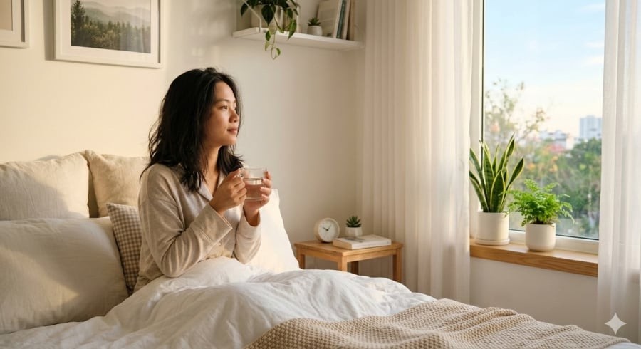 Uống một cốc nước ấm sau khi ngủ dậy giúp bù nước và hỗ trợ hệ tiêu hóa hoạt động hiệu quả hơn.