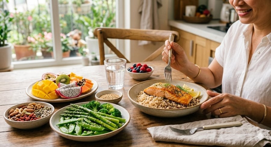 Chế độ dinh dưỡng đầy đủ vi chất có thể giúp cải thiện cảm giác thiếu năng lượng ở phụ nữ sau tuổi 40.